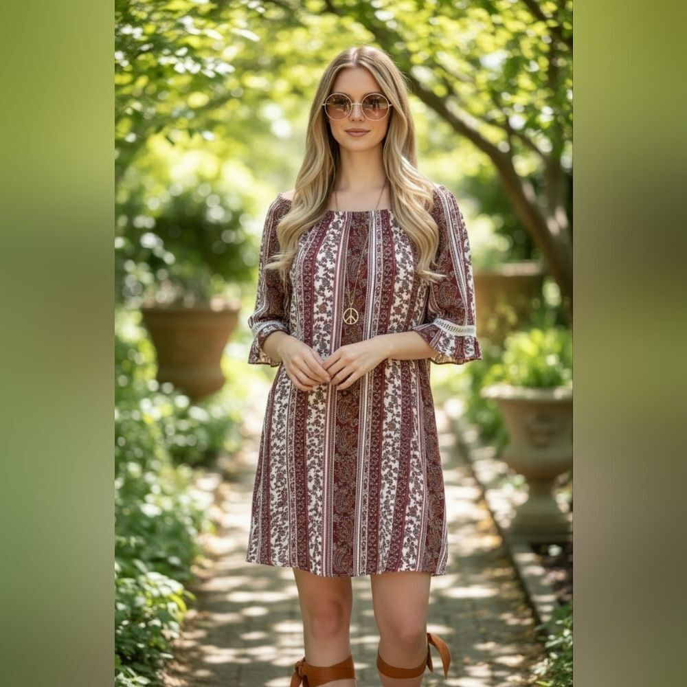 Vintage Boho Paisley & Ditsy Floral Striped Mini D…